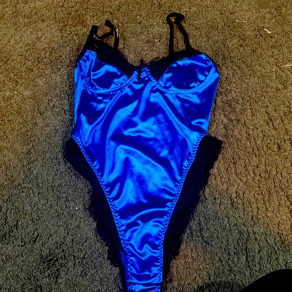 Royal blue silk bodysuit with lace